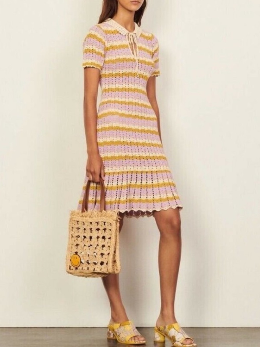 Sandro Knit Striped Short-Sleeve Dress in Pink & Yellow